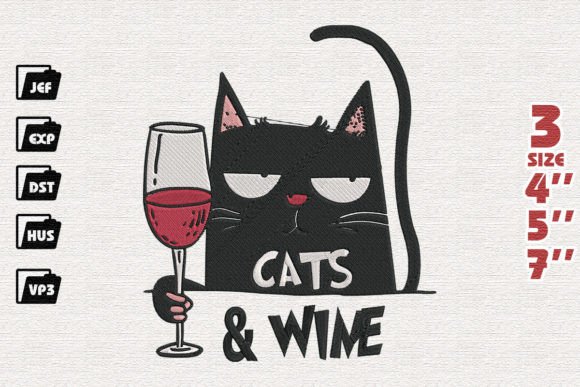 Cat Drinking Wine: A Charming Embroidery Design