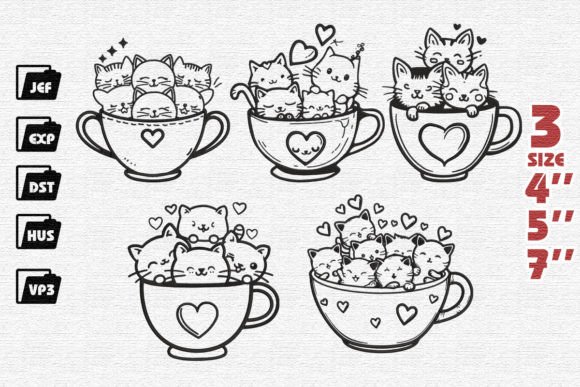 Charming Set of 5 Cute Cat in Cup Embroidery