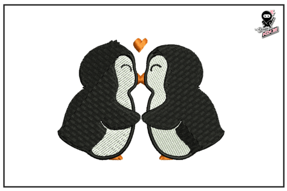 Penguins Couple in Love: A Charming Embroidery Design