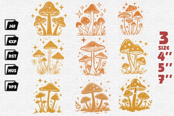 Set of 9 Mushrooms and Stars Embroidery